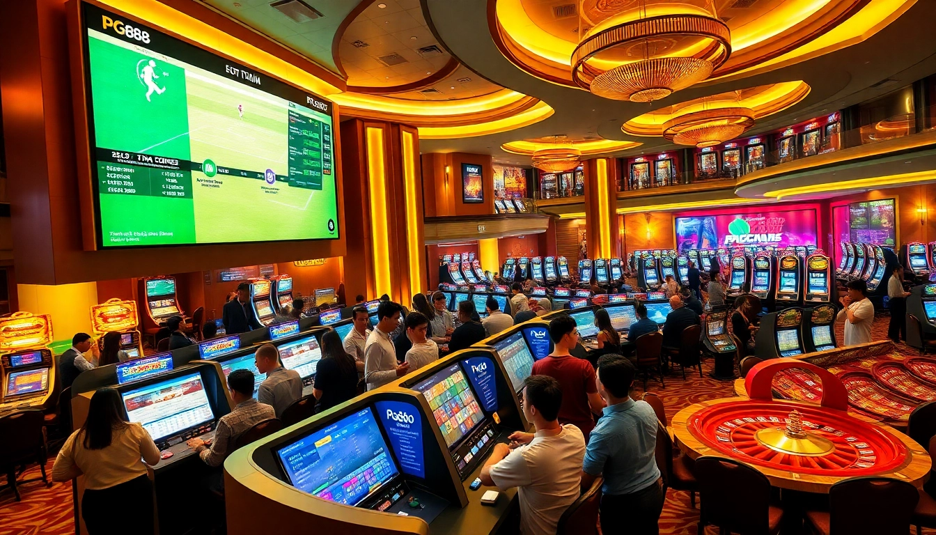 Sports betting excitement at Thể Thao PG88 with patrons engaging at kiosks and viewing live odds.