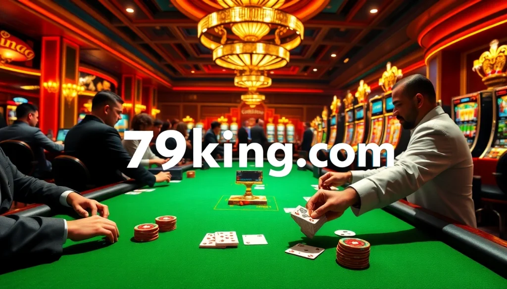79king.com showcases a lively casino scene with players engaging at poker tables and vibrant slot machines.