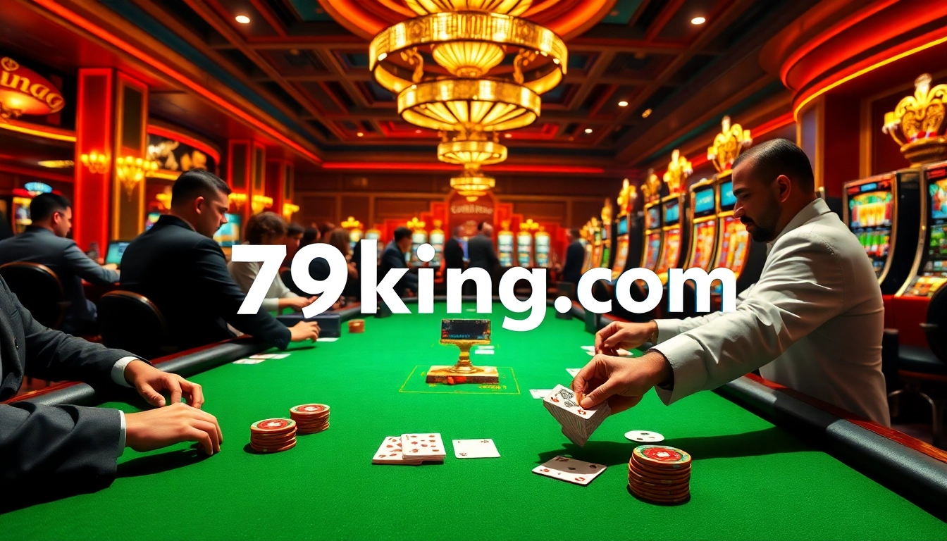 79king.com showcases a lively casino scene with players engaging at poker tables and vibrant slot machines.