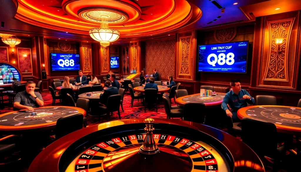 Players enjoying blackjack and poker with link truy cập qq88 displayed against a vibrant casino backdrop.