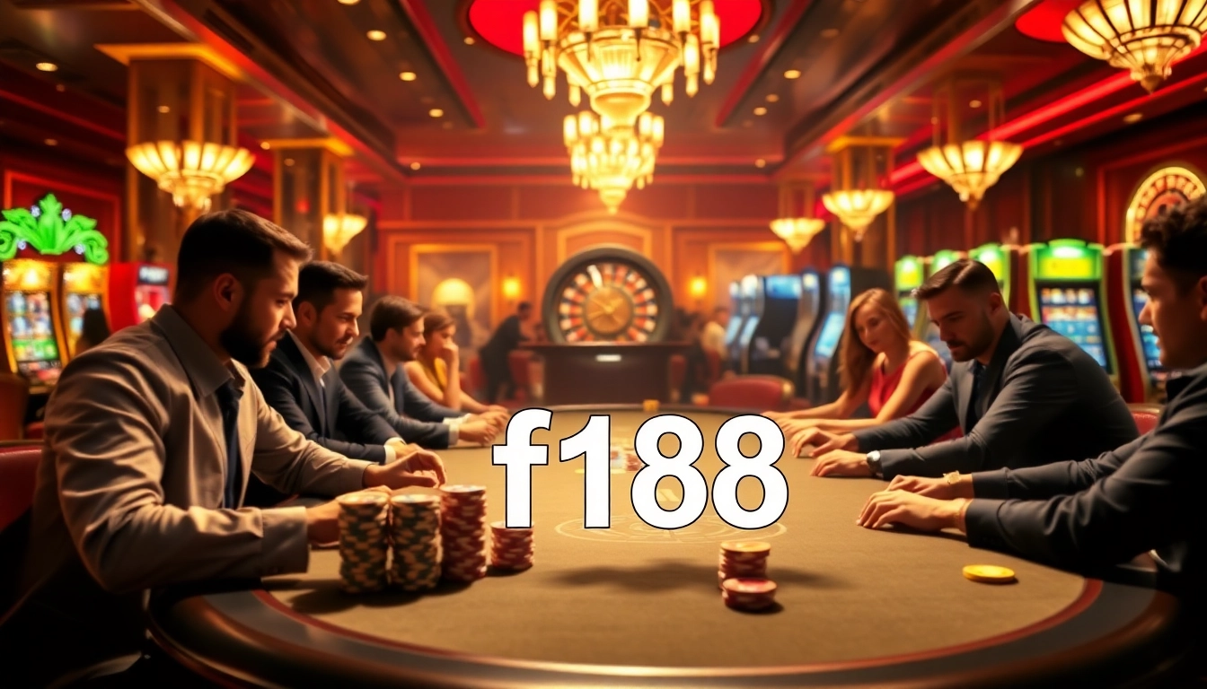 Experience the thrill of f168 at a high-stakes poker table surrounded by eager players in a luxurious casino.