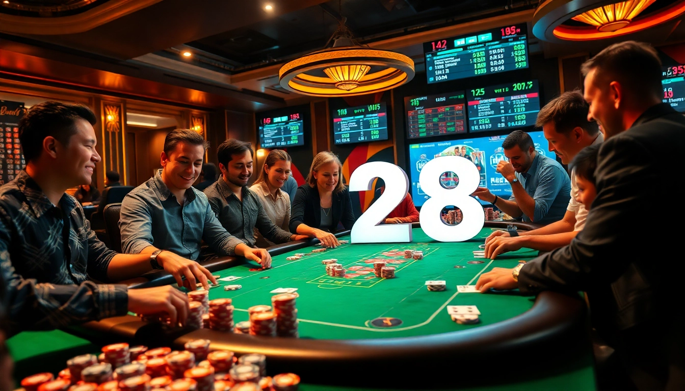 Experience a thrilling poker game at a vibrant casino with e28 logo, lively players, and dynamic betting action.