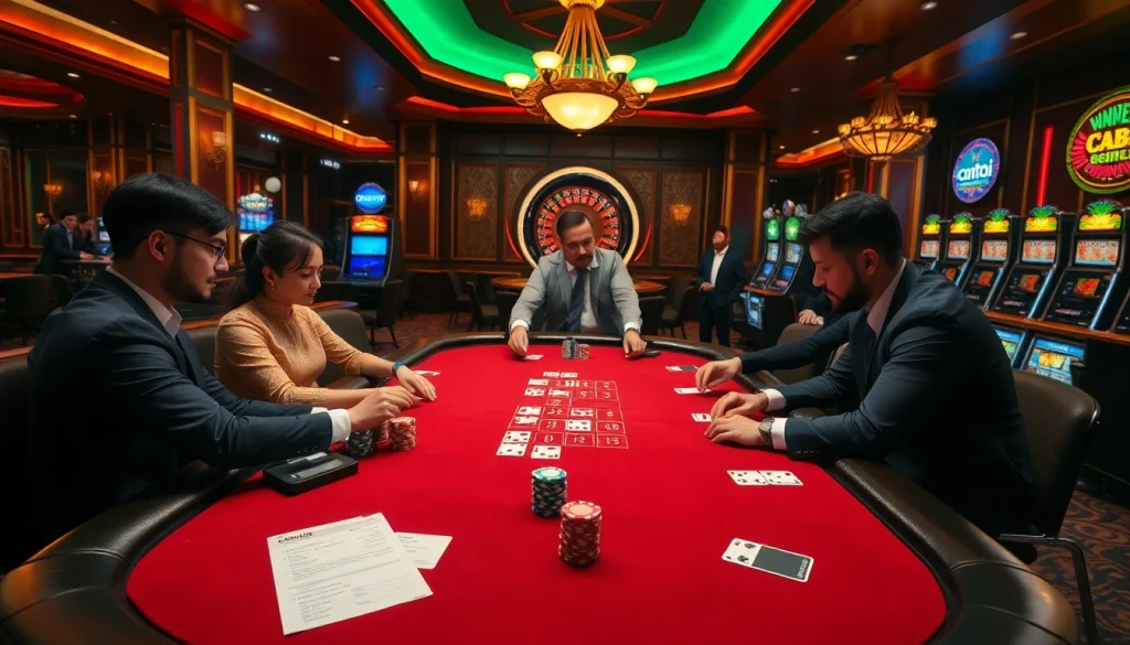 In a thrilling poker game at c168.mobi casino, professional players strategize over colorful chips and cards.