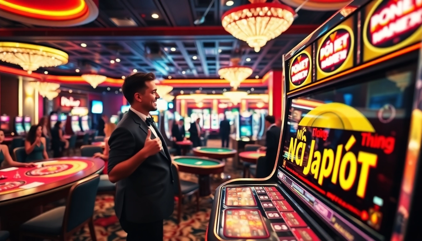Nổ hũ Jackpot action in a bustling casino with players at slot machines and gaming tables.