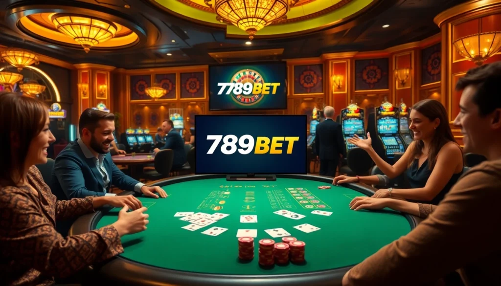 Experience the excitement of gambling with 789BET at a live blackjack table surrounded by joyful players.