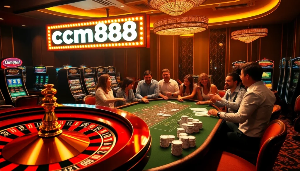 Experience the excitement of cm88 at a bustling casino with poker players and slot machines.
