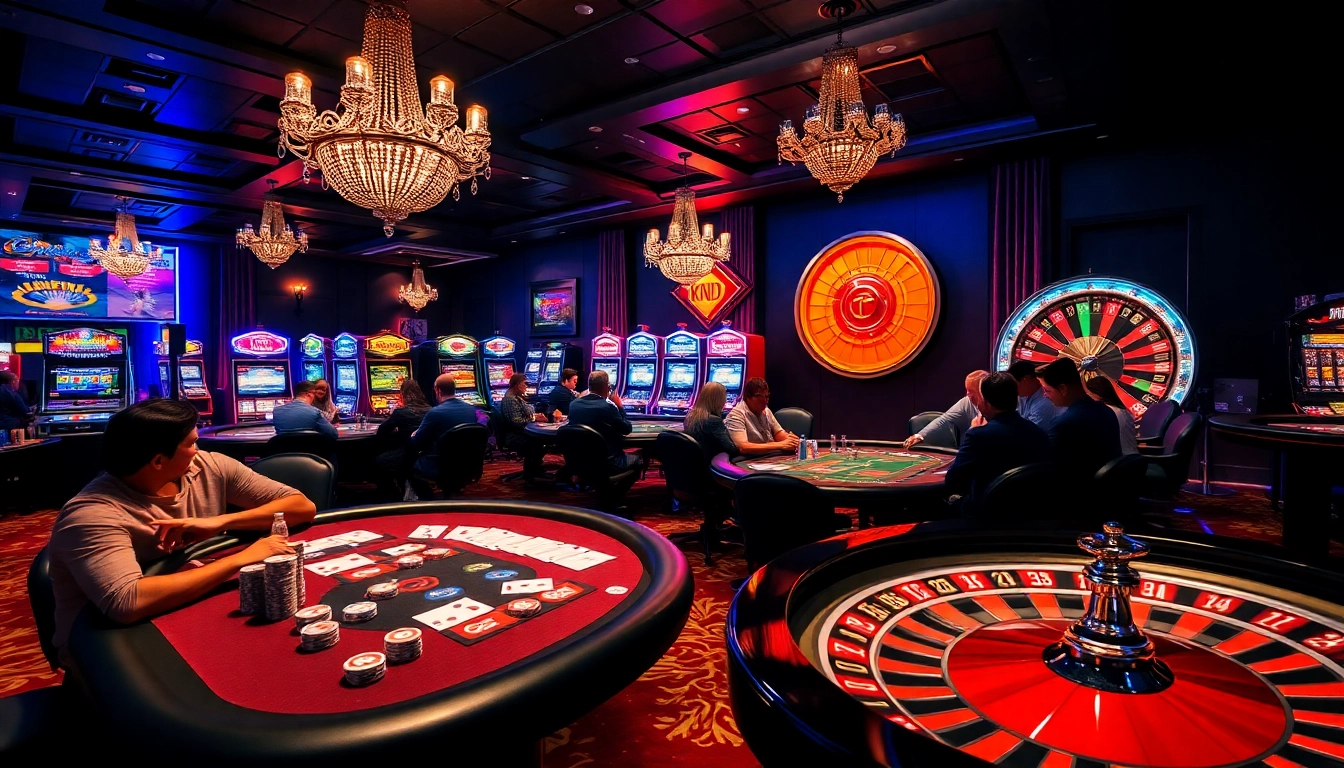 F168 casino scene featuring players at a poker table, illuminated slot machines, and a roulette wheel spinning.
