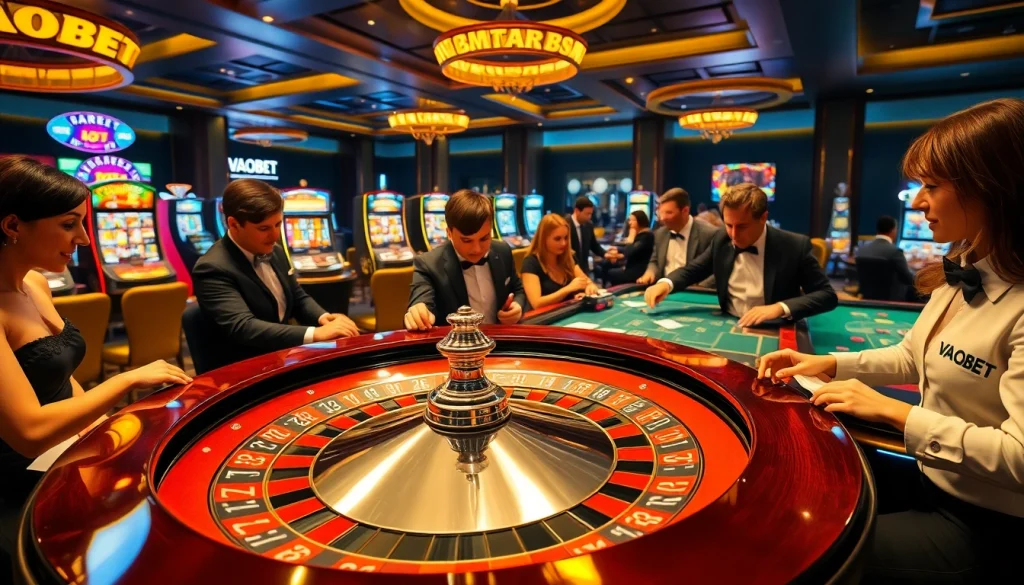 Players enjoying the excitement of gambling at VAOBET's luxurious casino games featuring roulette and poker tables.
