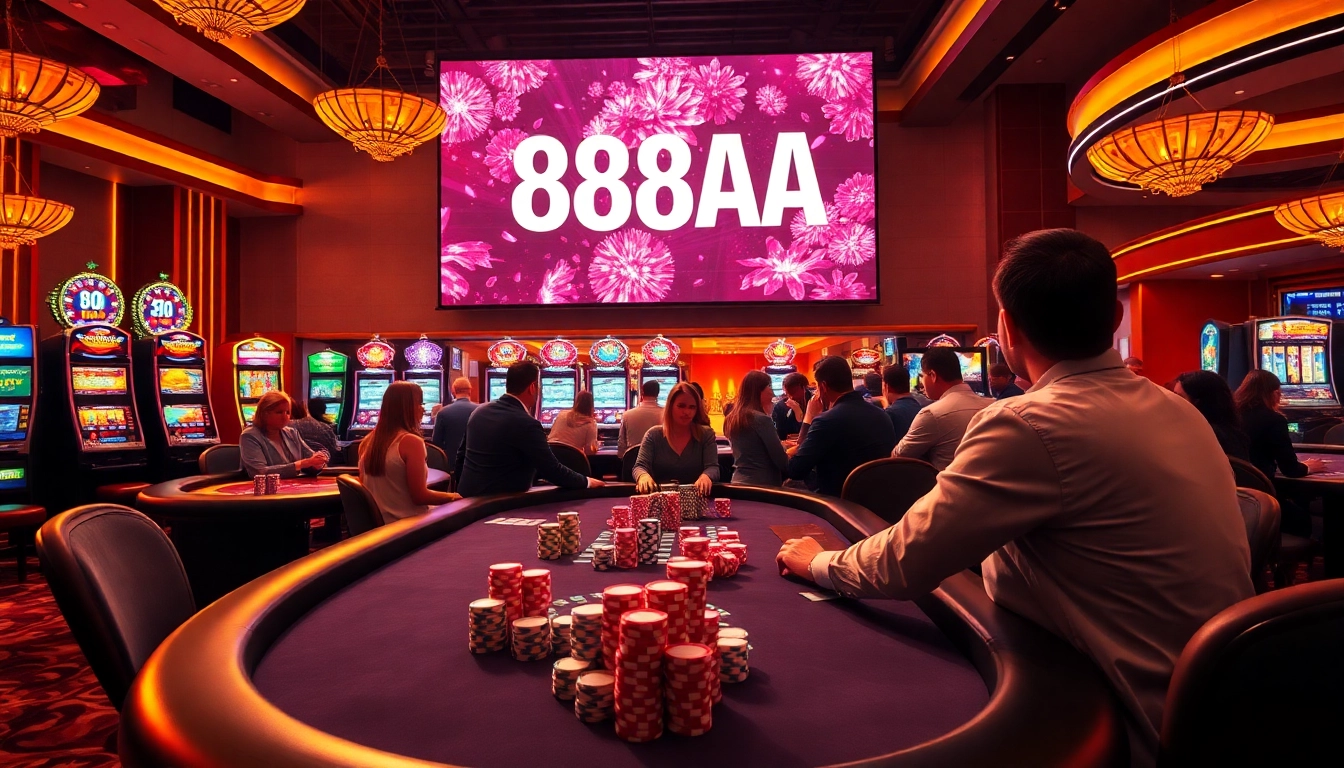 Players enjoying a thrilling casino atmosphere featuring 88AA games, vibrant poker chips, and roulette action.