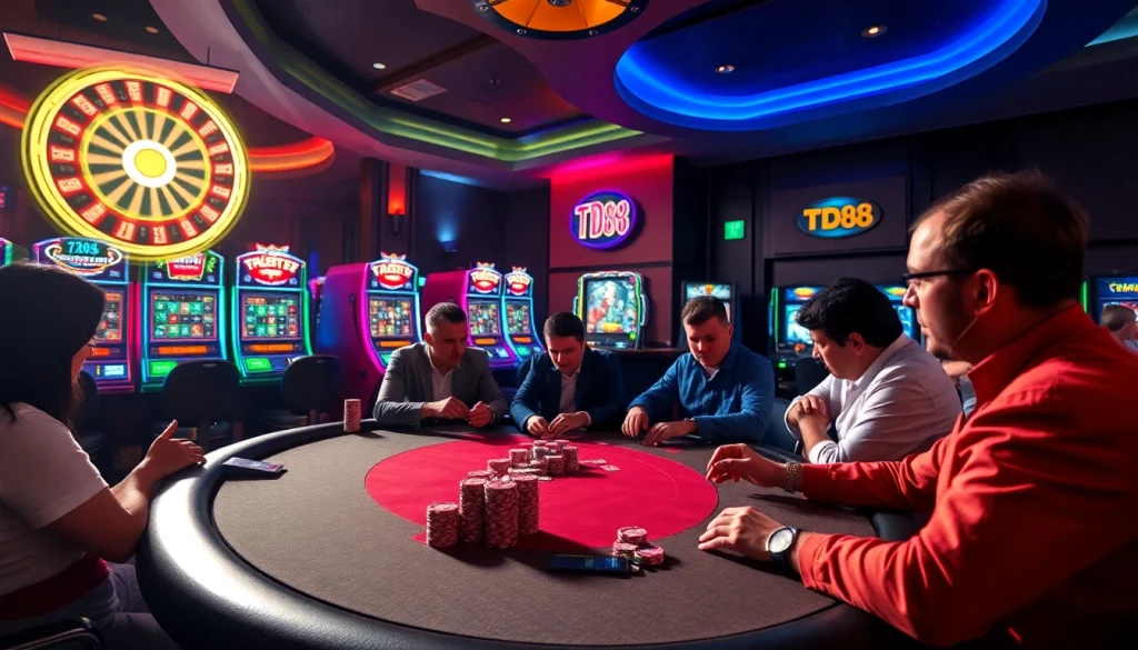 Experience the excitement of TD88 as players engage at a high-stakes poker table, showcasing thrilling gambling moments.