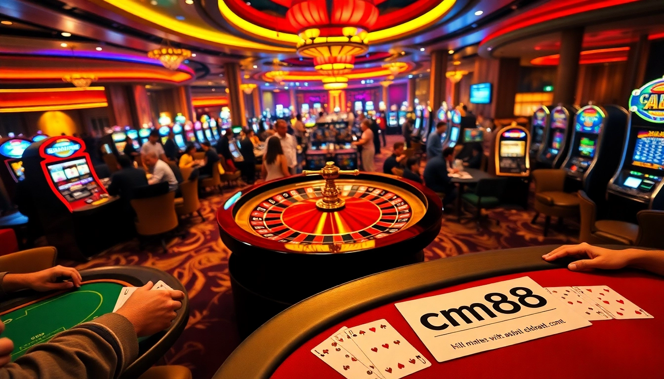 Explore the excitement of cm88 with players betting at a vibrant casino, featuring roulette and poker tables.