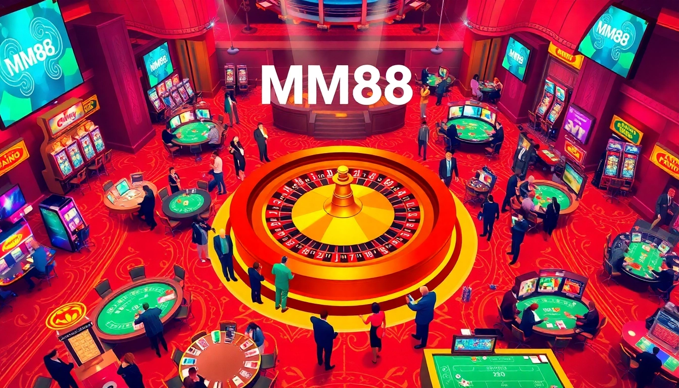 Experience the excitement at MM88, including vibrant casino tables, roulette wheels, and enthusiastic players.