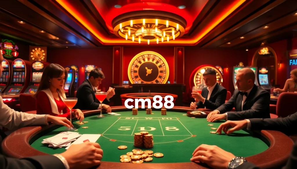 A high-stakes poker game showcasing casino action with cm88 branding, vibrant chips, and engaged players.