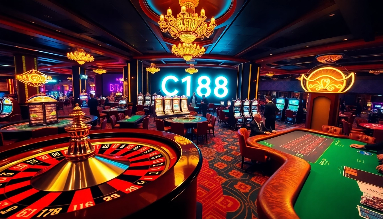 C168 casino scene showcasing thrilling roulette and poker games with vibrant action.