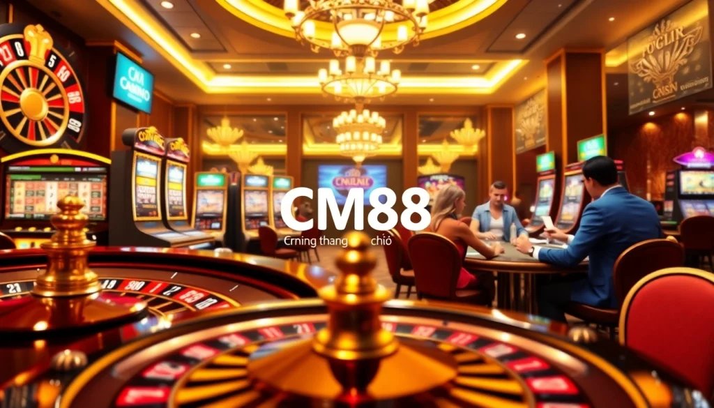 View the captivating CM88 trang chủ online casino with players enjoying roulette and poker games.