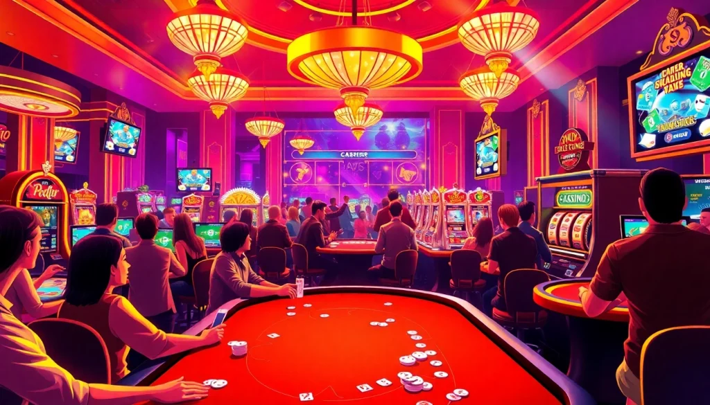 Explore the thrilling action at a casino floor with players winning big at https://vmaxgame.net/ slots, tables, and more, captured in vibrant detail.