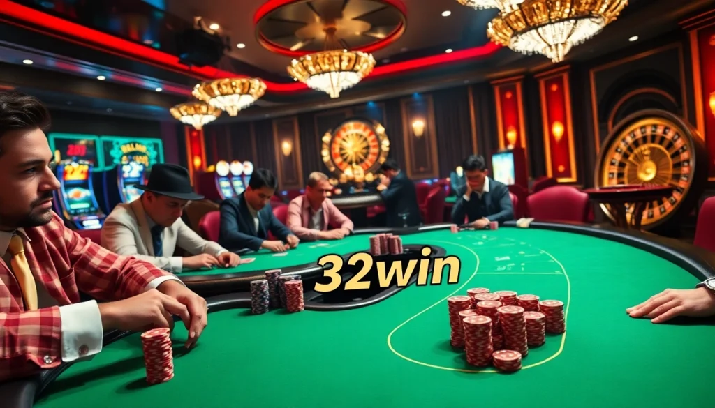 Intense poker players at a glamorous casino table showcasing the allure of 32win gaming.