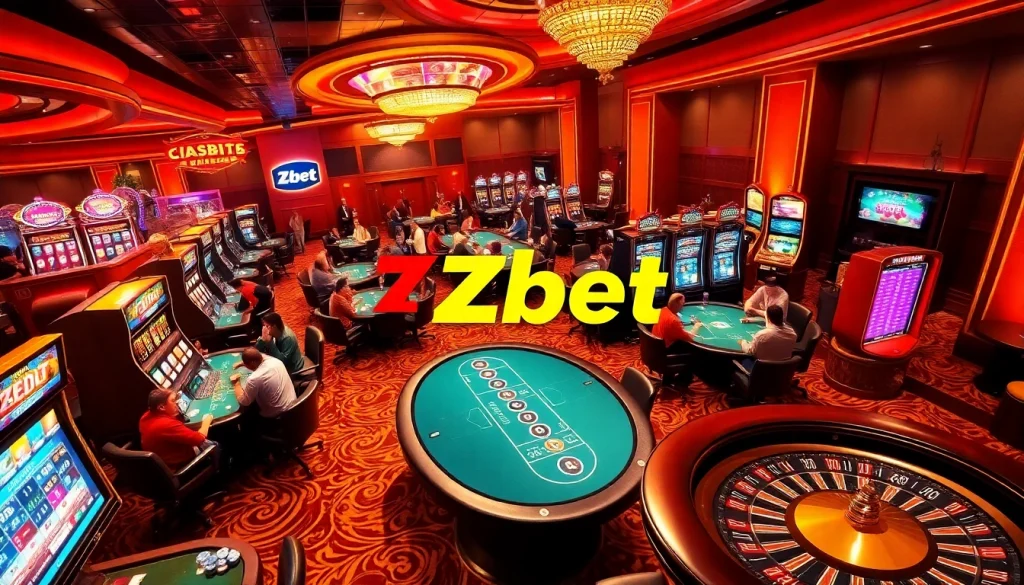 Players enjoying thrilling card games at Zbet casino with vibrant tables and colorful lighting.