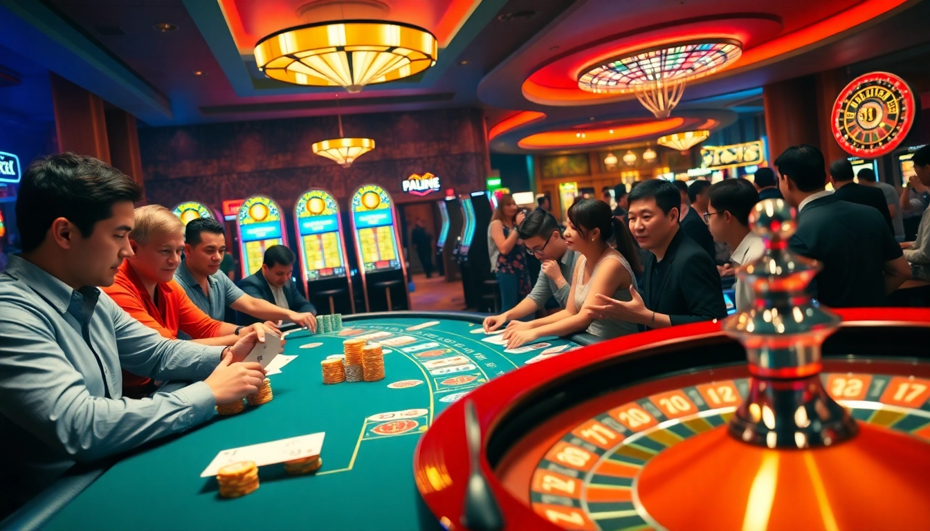 tk88 casino scene featuring a blackjack table with players celebrating wins, vibrant slot machines glowing in the background.