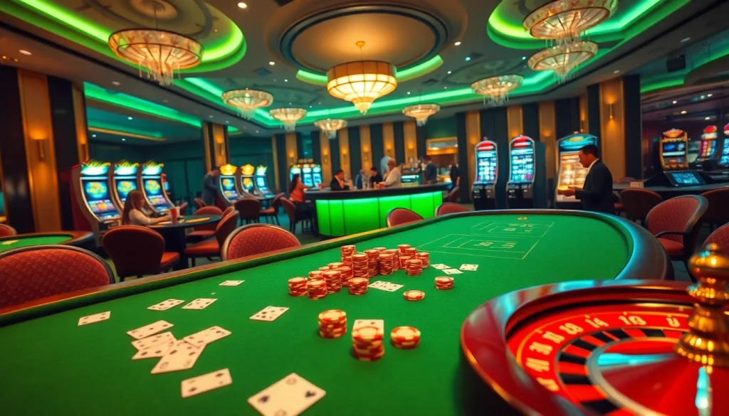 Experience 13win's thrilling casino atmosphere with vibrant gaming tables, eager players, and dazzling slot machines.