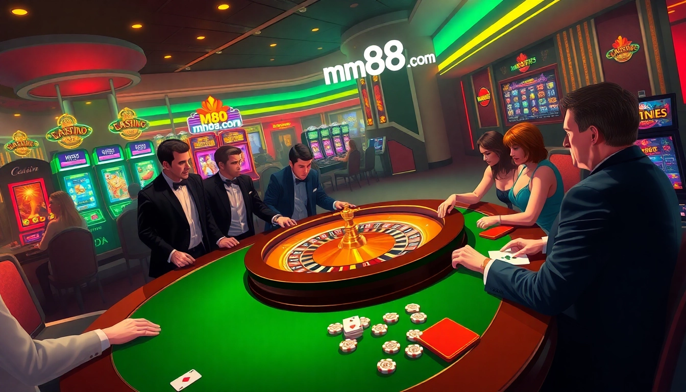 Exciting casino scene with players at roulette and poker tables, showcasing mm88.com branding.
