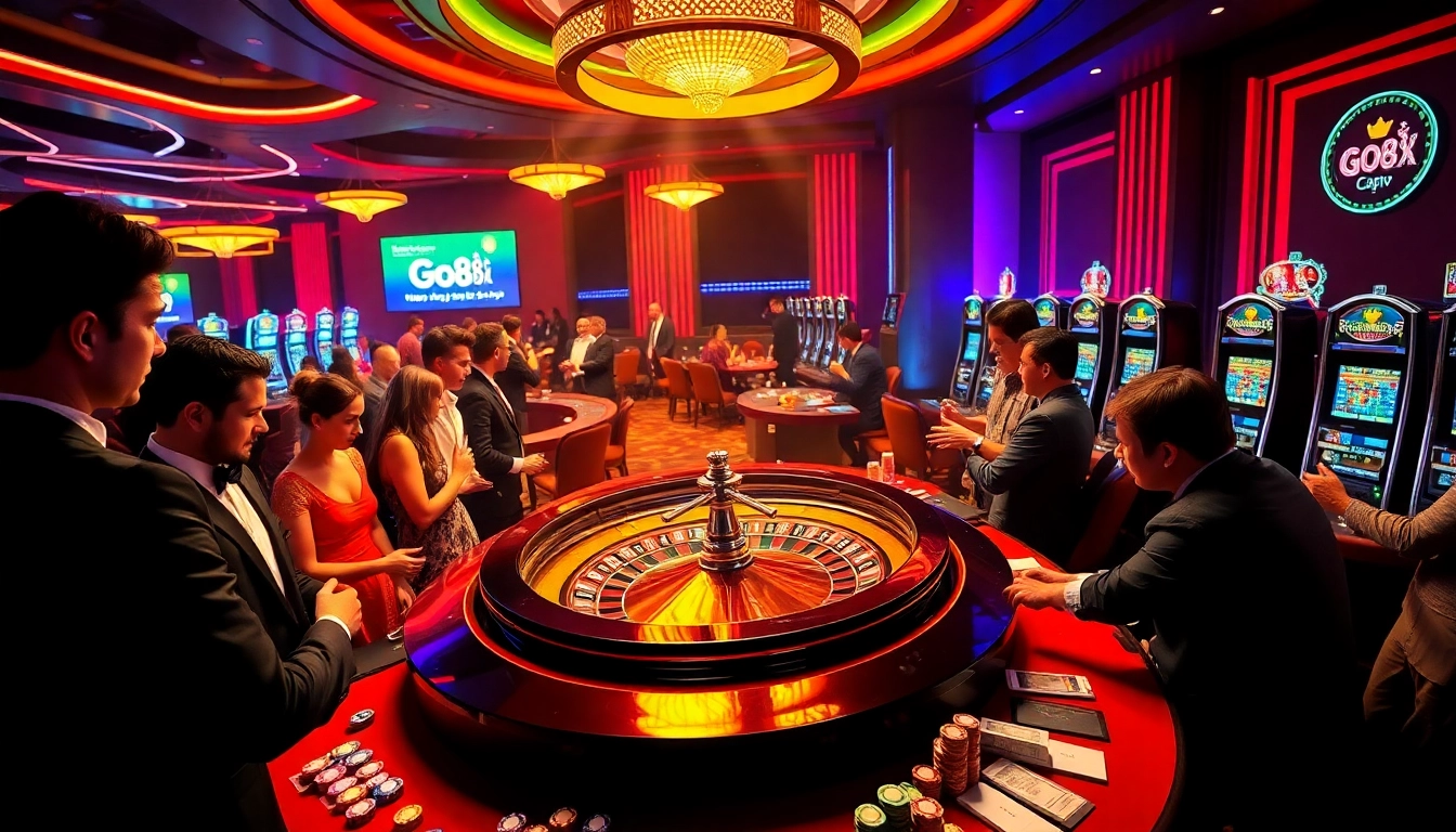 Players engaging in exhilarating roulette action at https://go8.sa.com/ casino, with vibrant lights and thrilling atmosphere.
