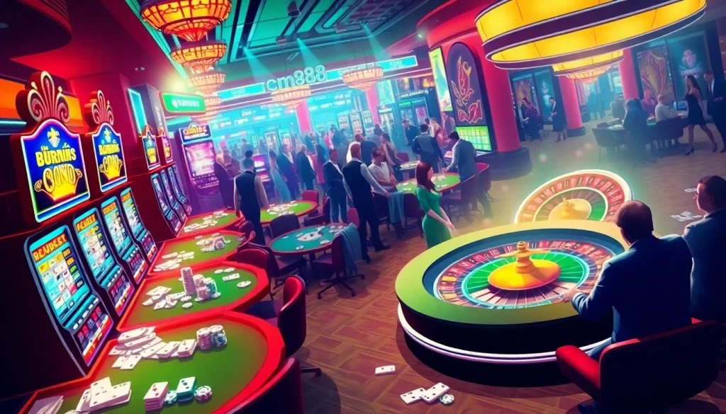 Experience the thrill of cm88 gaming with vibrant poker tables and spinning roulette wheels on a lively casino floor.