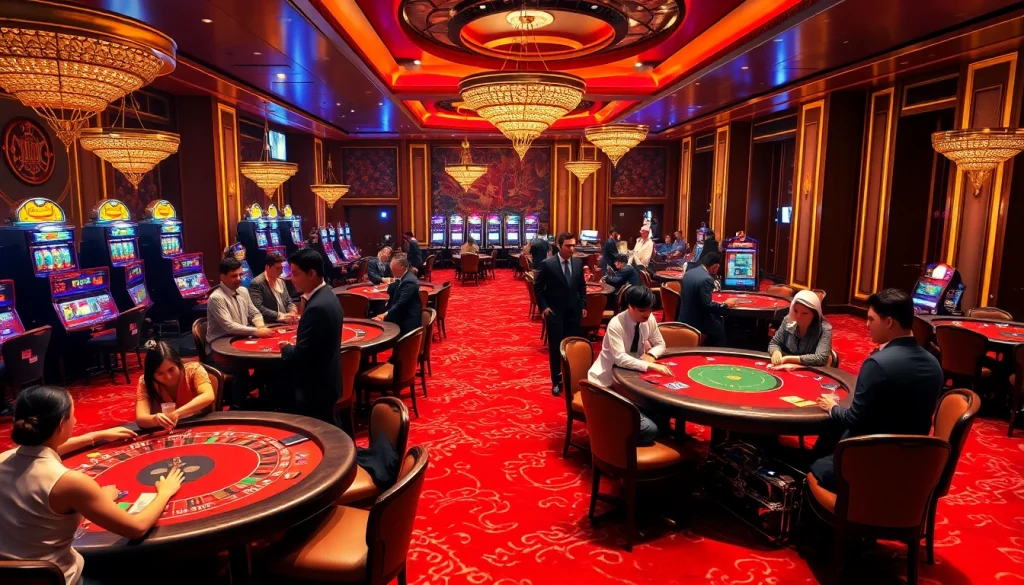 Experience the thrill of gambling at go99.mx with players engaged at vibrant casino tables, surrounded by luxury and excitement.