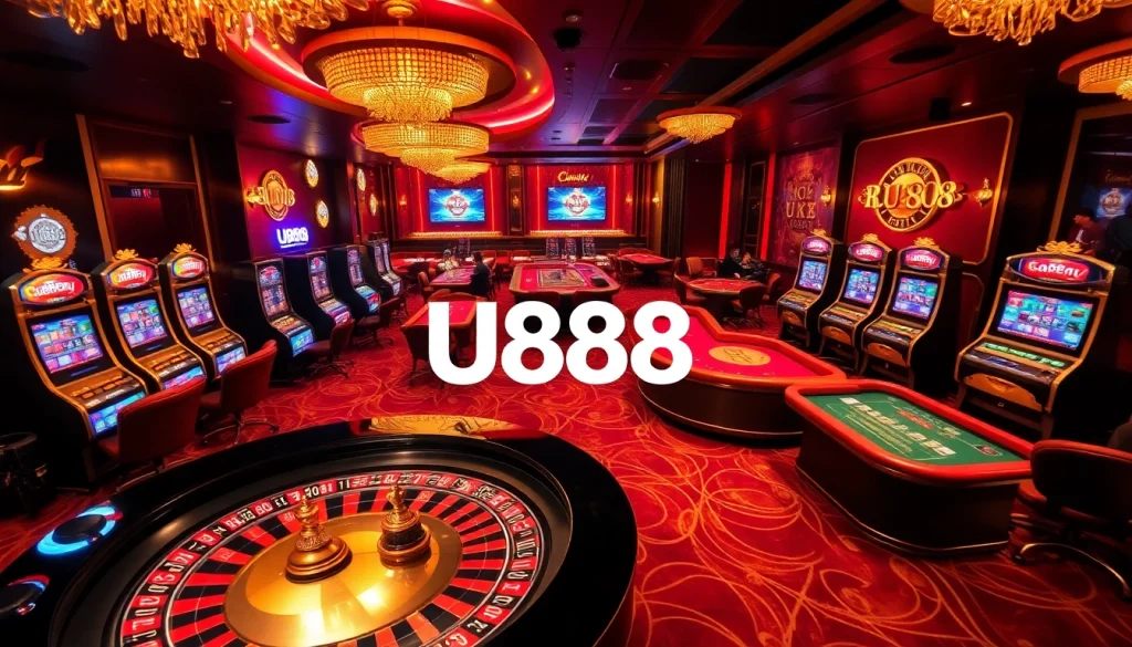 Exciting U888 online casino scene with players engaging at tables and vibrant slot machines lighting the atmosphere.