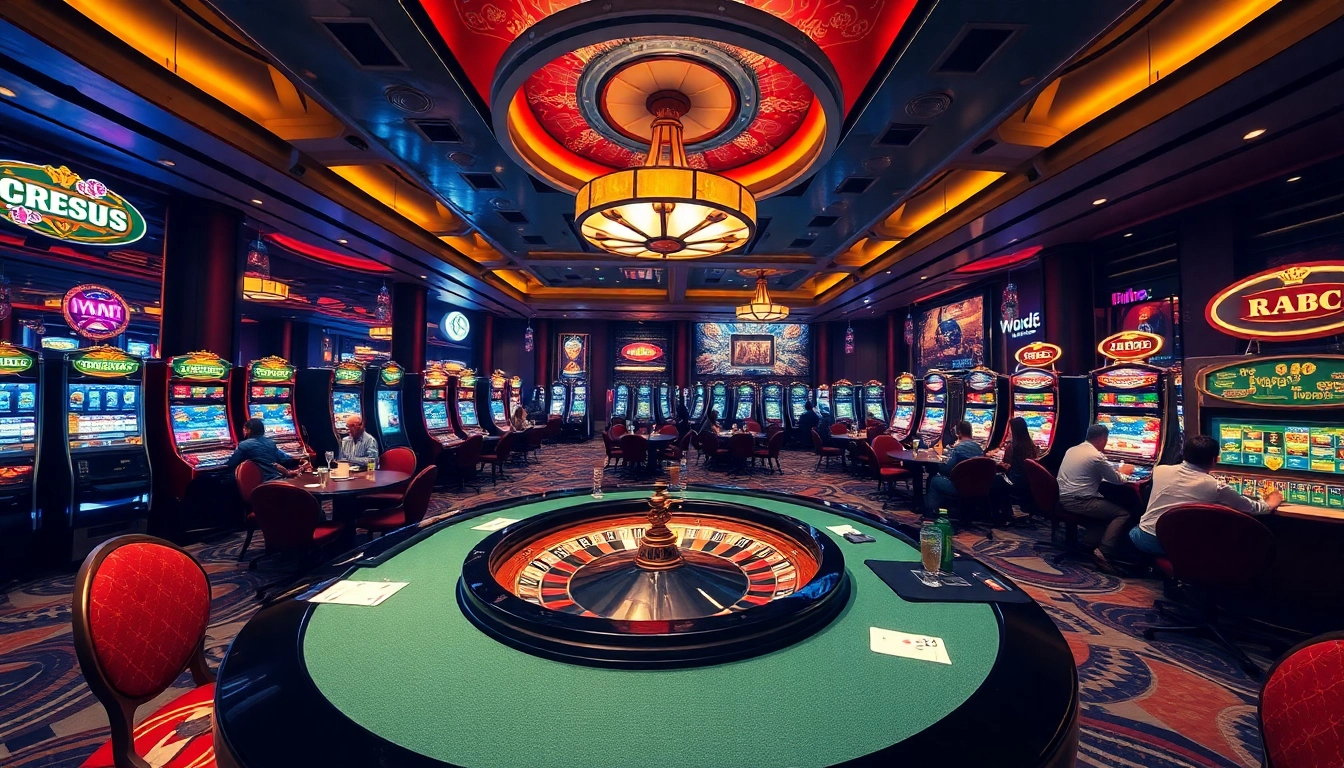 Experience the excitement of rr88 casinos as players engage at the roulette table surrounded by bright slot machines.