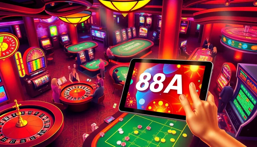 Experience 88AA vibrant casino action with players around roulette and blackjack tables, showcasing thrilling gameplay.