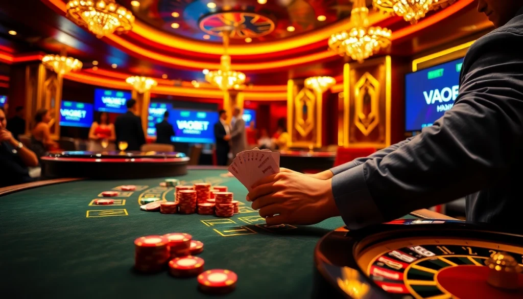 VAOBET offers an elegant casino experience, showcasing cards and chips in a thrilling blackjack game.
