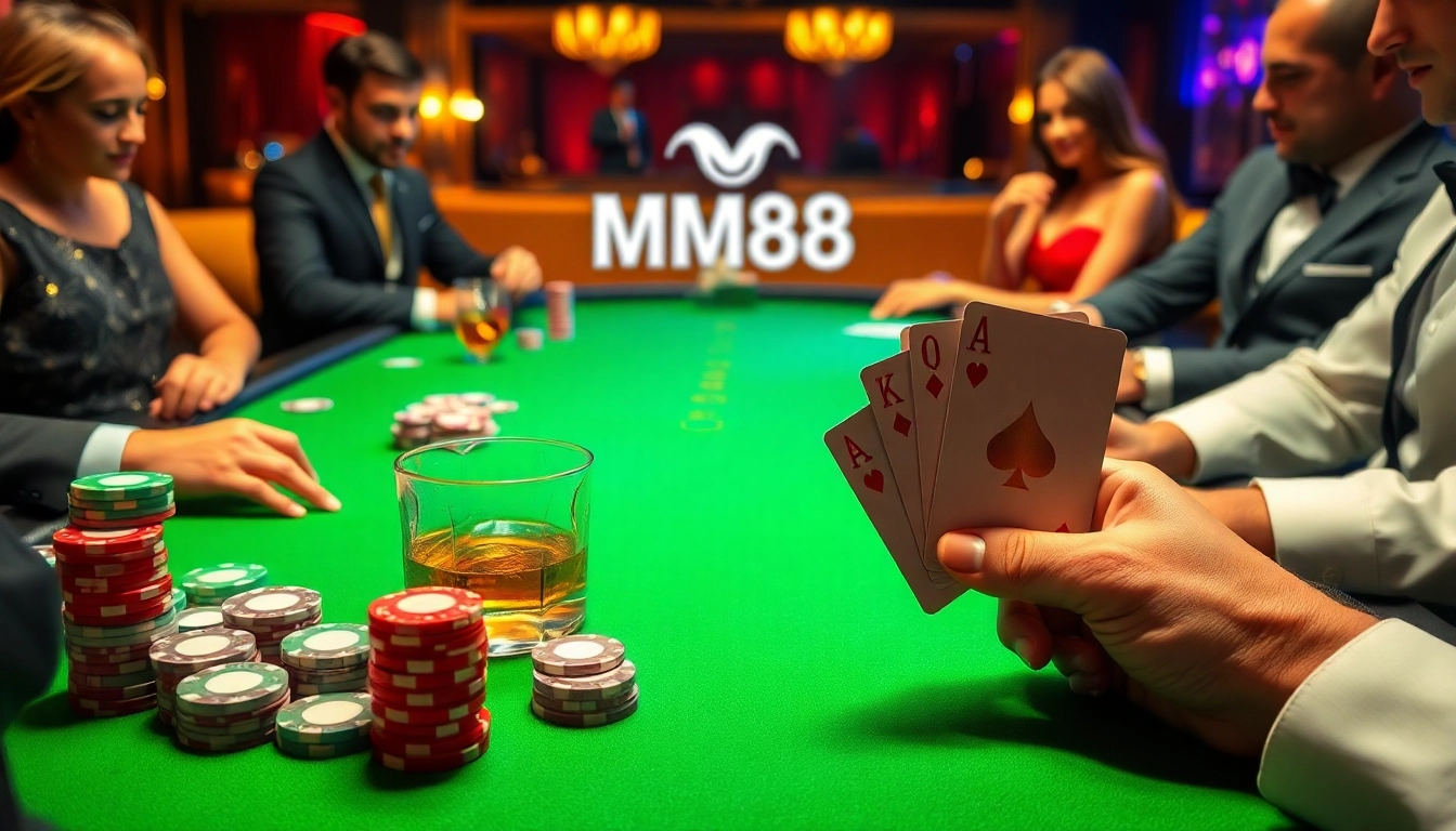 Experience the excitement of MM88 at a luxurious poker table with vibrant chips and intense players.