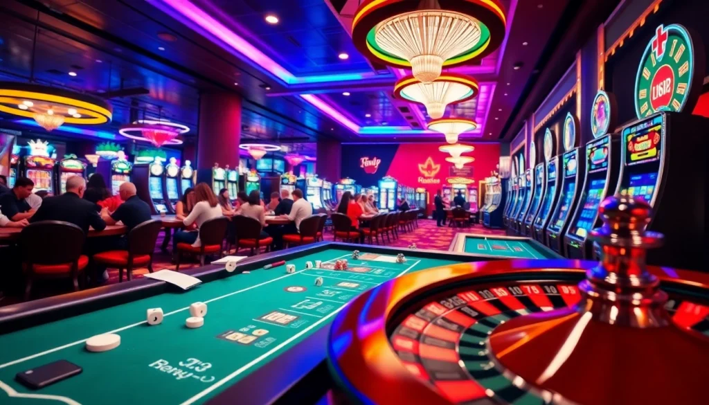 A lively casino scene showcasing players at tables, with a focus on thrilling moments at https://uu88.hu.net/ online gaming hub.