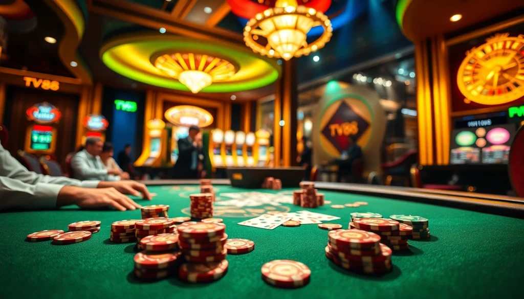 Experience the excitement of TV88 at a stunning casino poker table filled with players and chips.