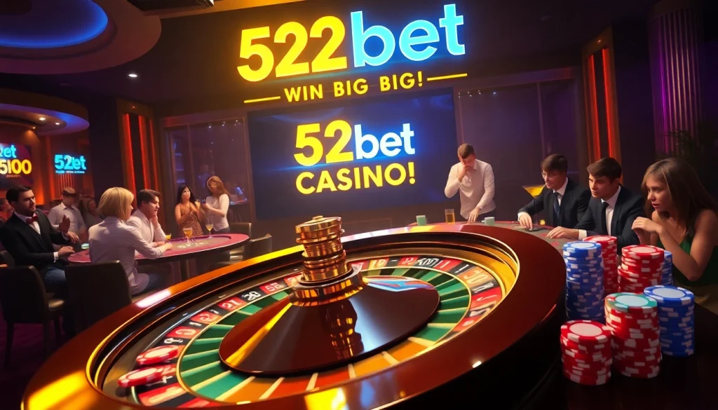 Casino scene featuring a roulette wheel and players enjoying games at 52bet.