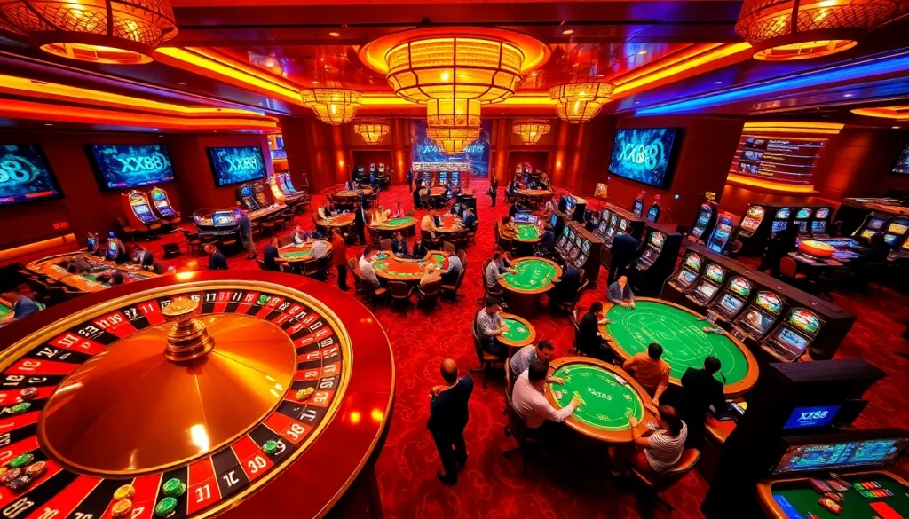 Experience the thrill of gambling at XX88, where players engage at roulette wheels and poker tables, amidst an electric casino atmosphere.