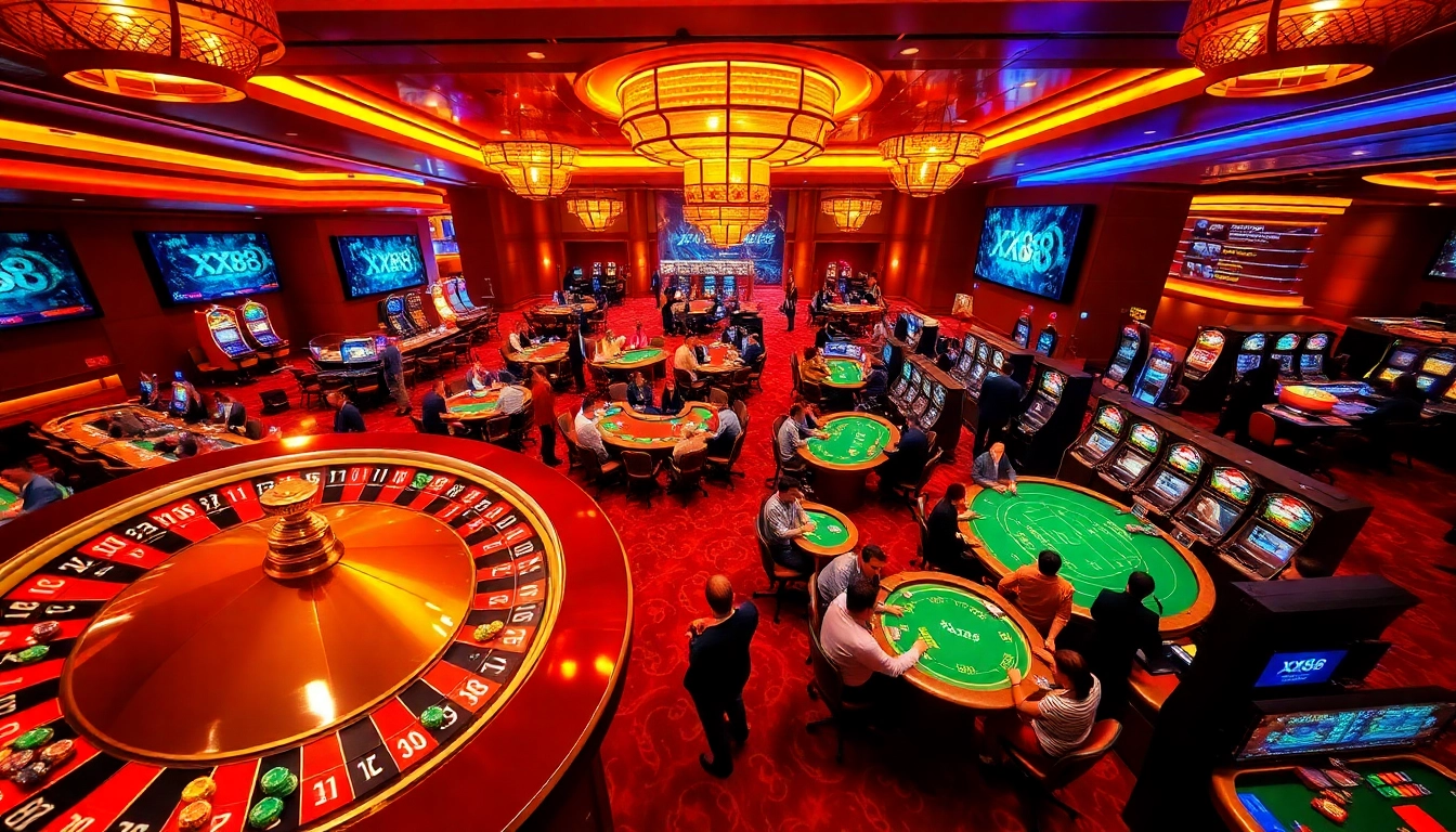 Experience the thrill of gambling at XX88, where players engage at roulette wheels and poker tables, amidst an electric casino atmosphere.