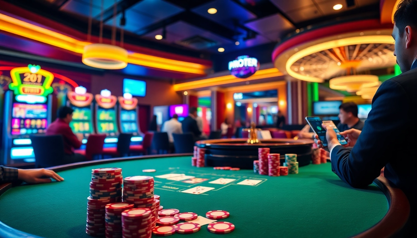 The RREE App enhances betting experiences at a lively poker table, showcasing chips, cards, and immersive casino lights.