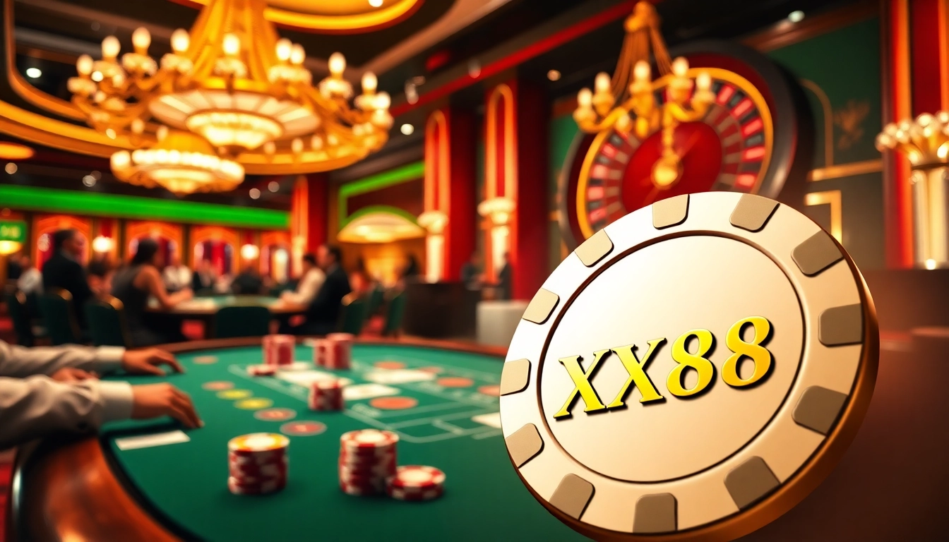 XX88 poker chip amidst a vibrant casino scene with players at a table.