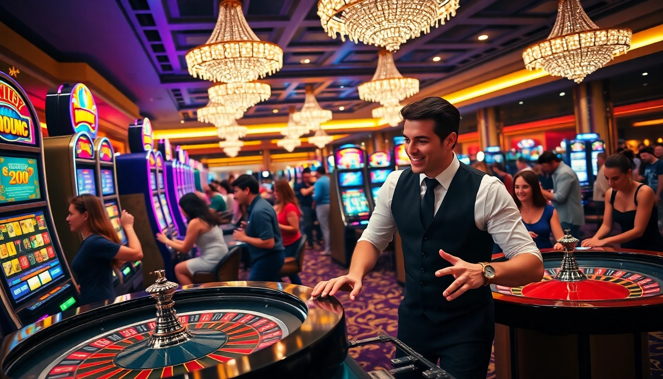 Experience the excitement of gambling at c168.com, showcasing lively casino activities with roulette and slot machines.