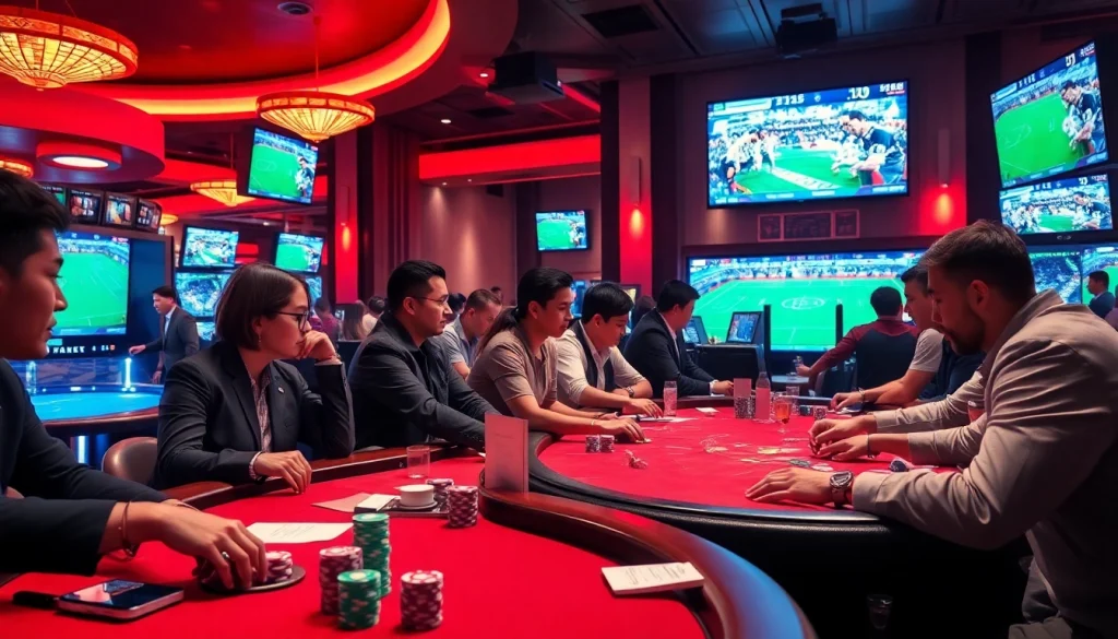 Experience trực tiếp bóng đá and thrilling casino action with vibrant poker games and live betting opportunities in a bustling environment.
