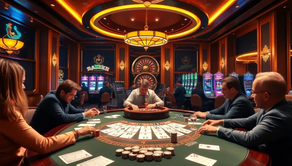 Experience the thrill of poker action at 78win.com amidst a glamorous casino setting with colorful tables and chips.