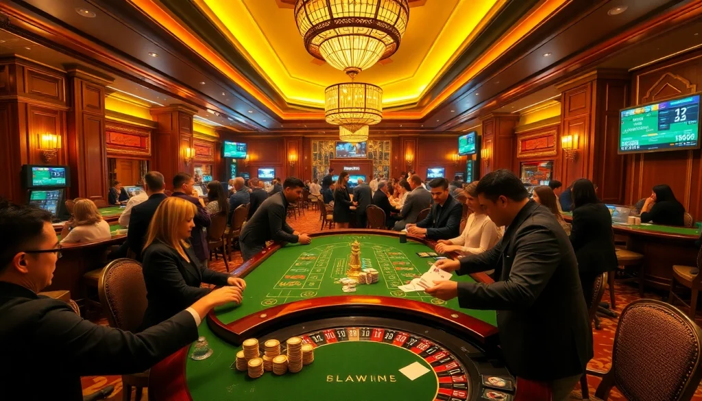 Gambling excitement thrives with players at a blackjack table, featuring https://fun88zone.net/ screens in a luxury casino ambiance.