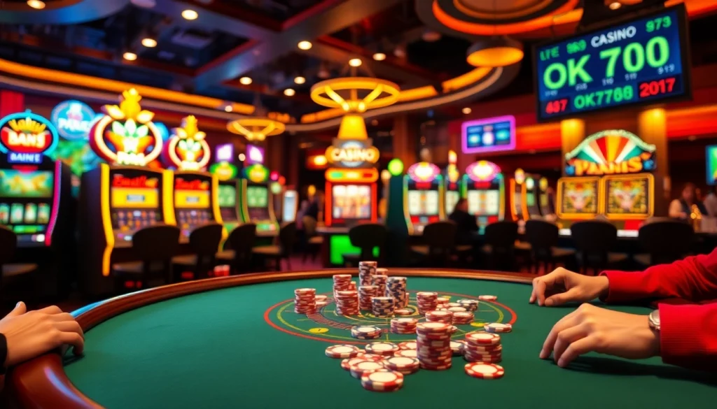 Experience the high-stakes thrill of OK789 with players at a vibrant poker table surrounded by colorful chips and cards.
