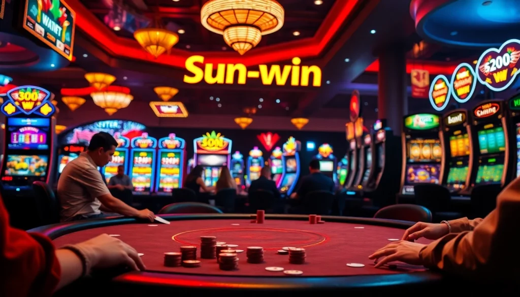Sun win: Players celebrate their victory at the poker table, surrounded by vibrant casino lights and slot machines.